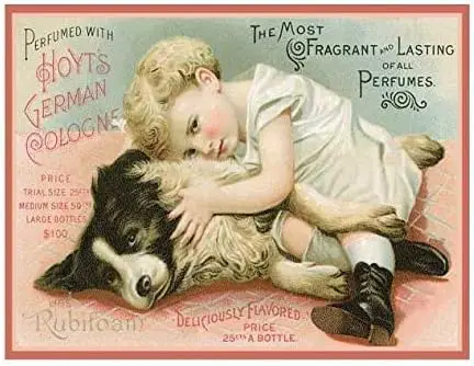 Perfumed with Hoyts German Cologne Baby and Cute Dog Vintage Style Metal Advertising Wall Plaque Sign 12 x 8 Inches