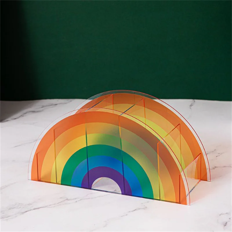 Rainbow Arch Bridge Pen Holder Colorful Rainbow Office Storage Box With 5 Compartments Half Circle Design For Students School