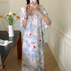 National Wind Temperament Medium-Sleeved Nightgown Female Summer Loose Large Size Temperament Senior Sense Dress Seaside Holiday