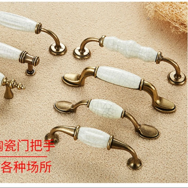 2pcs Retro Ceramic Crackle Drawer Knobs Single Hole Antique Bronze Cabinet Handles European Vintage Style Pulls  Kitchen Bedroom