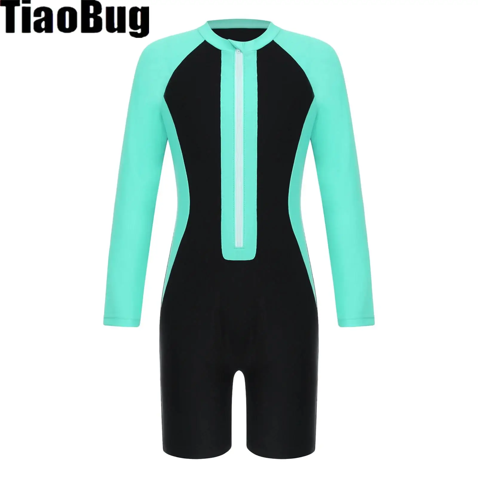 

Kids Color Contrast Swimsuit Girls One-piece Swimsuit Long Sleeve Zip Front Swimwear Beachwear Rash Guard Surfing Bathing Suit