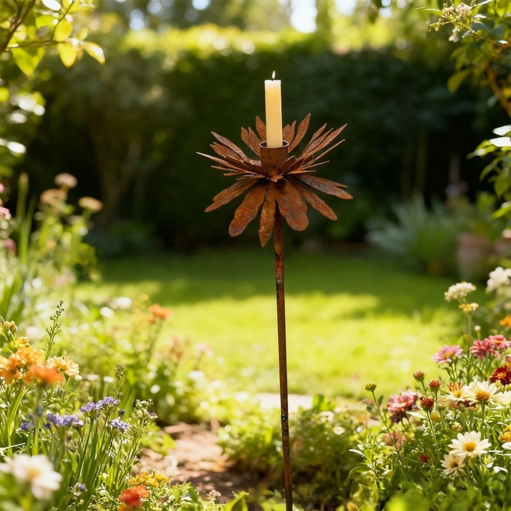 Flame Flower Garden Stake Made of Sturdy Iron with Candle Holder for Outdoor Decor Patio Lawn Yard 65x15cm Rustic Metal Insert