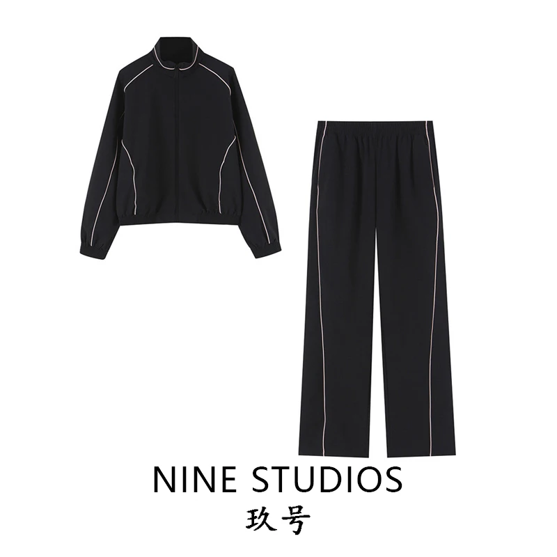 NINE ZAR Women's Color Block Trim Stand Collar Jacket Pants Set Long Sleeve Four Seasons Fashion Outerwear Ensemble