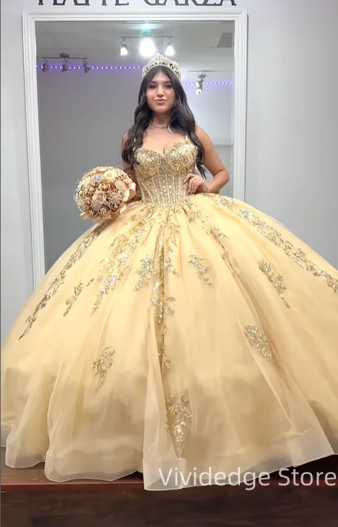 Tender Yellow Strapless Corset Prom Dress Quinceanera Dress Beaded Applique Sweetheart Bowknot vestido de 15 quinceañera