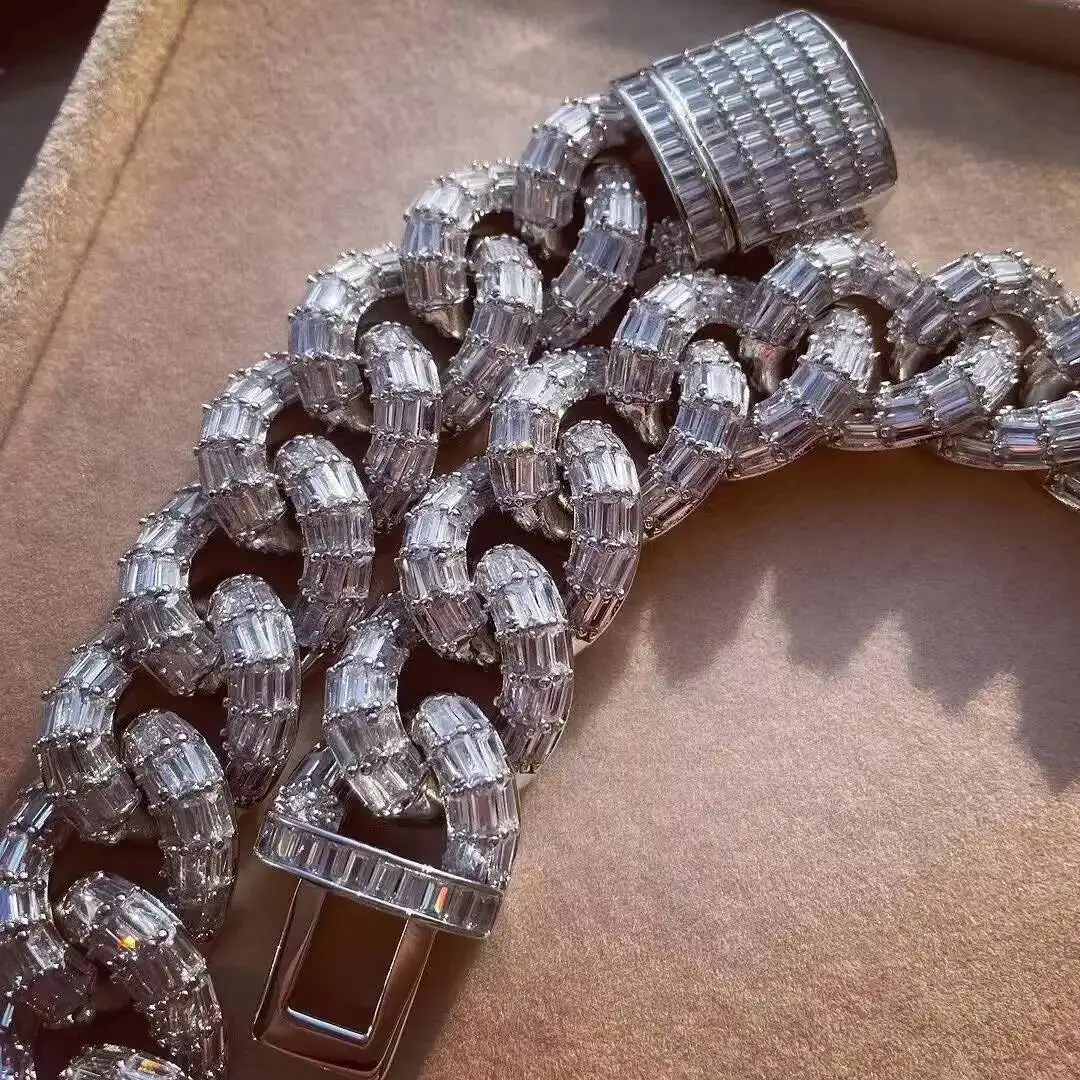 Baguette Round Cut Moissanite Diamond Cuban Link Chain Fully Iced Out Hip Hop Chain Jewelry