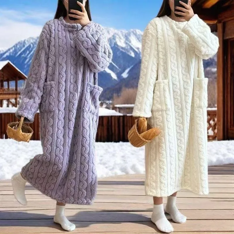 Ladies Long Warm Winter Robe Walking Quilt Coral Fleece Loose Pocket Sleepwear Nightgown Pajamas