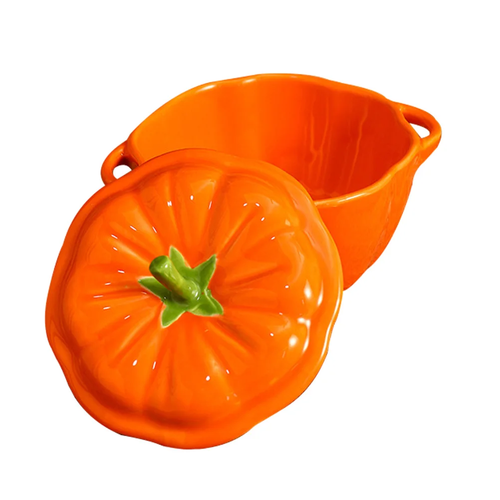 

1Pcs Pumpkin Food Bowl Ceramic Craft Heatproof Lid Multipurpose Container Soup Dessert Kitchen Use Pumpkin Bowl