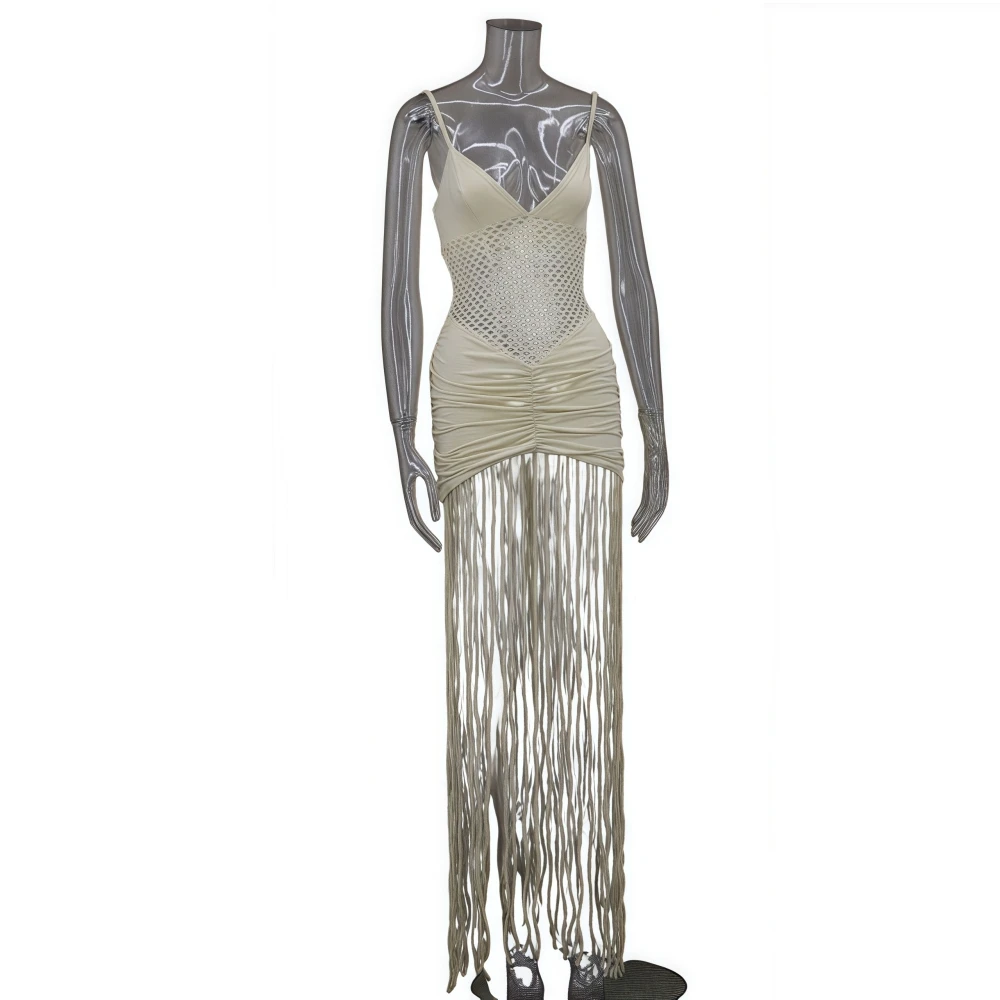 FAGADOER Sexy knit Tassels patchwork Long Dress Women Spaghetti Strap Hollow Out See-through Dresses Female Birthday Vestidos