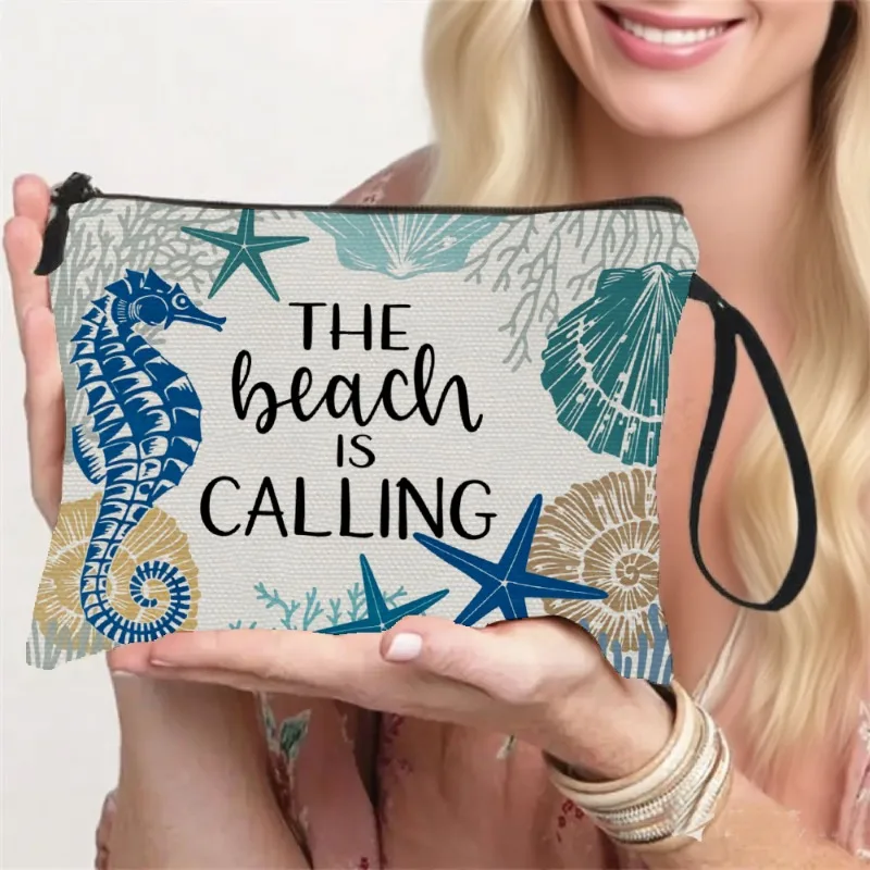 Trendy Pouch with a Wrist Strap, Perfect for The Beach, Adorned with Designs of Seahorses, Starfish, And Shells. an Ideal Makeup