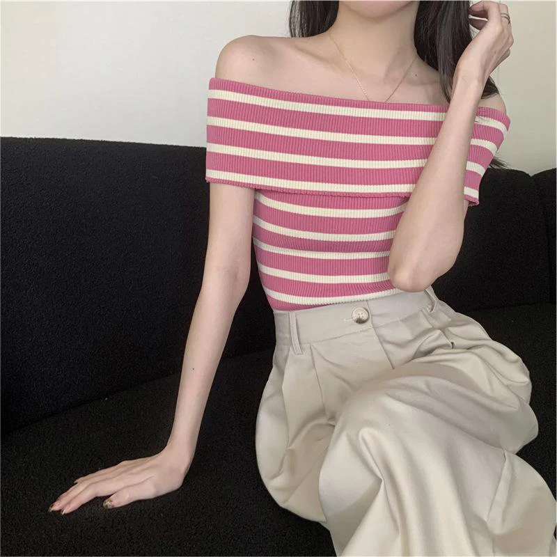 Summer Fashion Striped Knitted T-shirt Women Sexy Off Shoulder Short Sleeve Slim Top