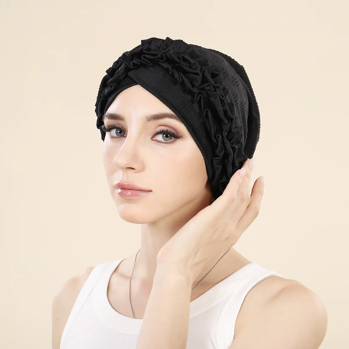 Gekruiste voorhoofd bloemen hijab cap effen kleur Indiase hoed moslim mode hoofd wrap vrouwen tulband bandana motorkap