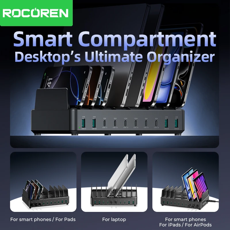 Ładowarka Rocoren 400W GaN, 6-portowa, szybka ładowarka USB typu C do użytku na biurku, przenośna stacja zasilania dla iPhone 17 Pro Max, Xiaomi 14 — zdjęcie produktu 4