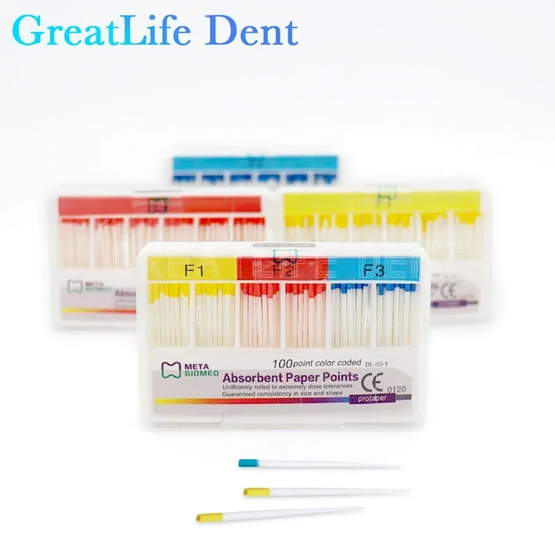 GreatLife Dent 100 pz/scatola Punte Cono F1 F2 F3 Mutil F4 F5 Dimensioni Radice Dentale Endodonzia Punti di Carta Assorbenti di Umidità