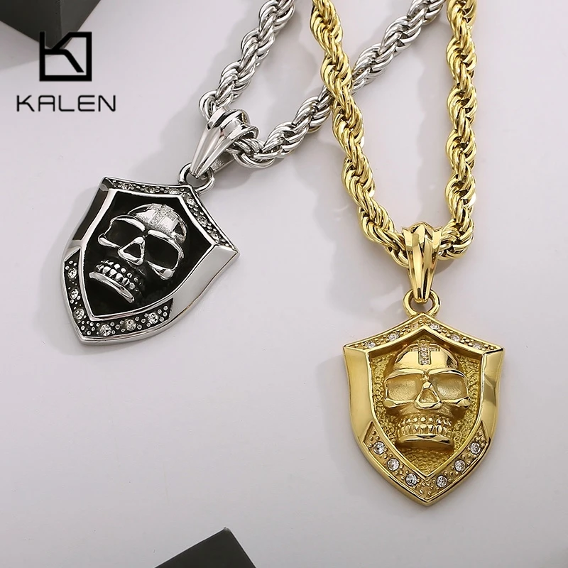 Vintage Rhinestone Skull Shield Necklace for Men Punk Stainless Steel Domineering Charm Pendant Personalized Gift Trend Jewelry