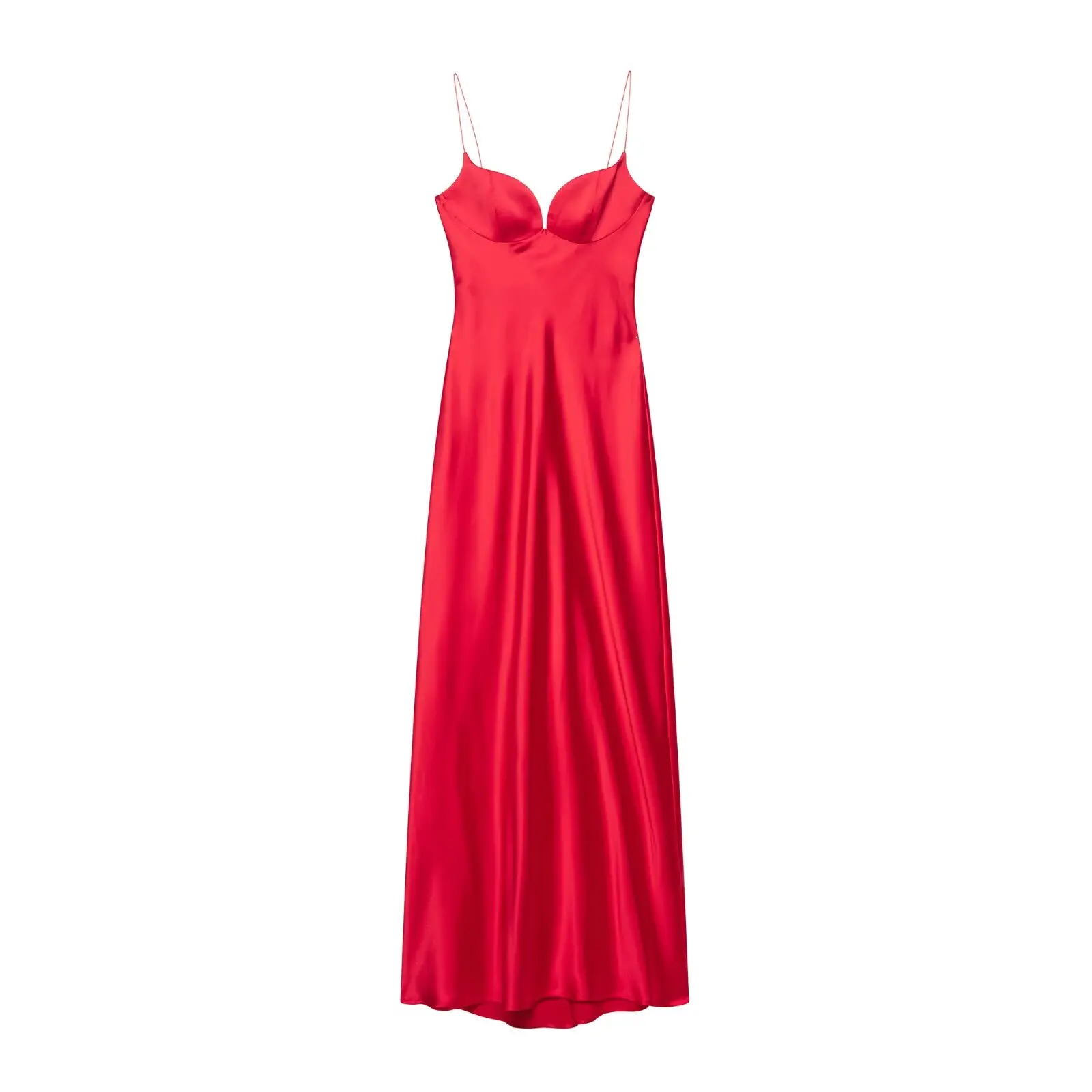 

BM&MD&ZA Womens Elegant Satin - like Texture Heart - shaped Neck Sleeveless Spaghetti Strap Midi Dress in Simple Solid Color