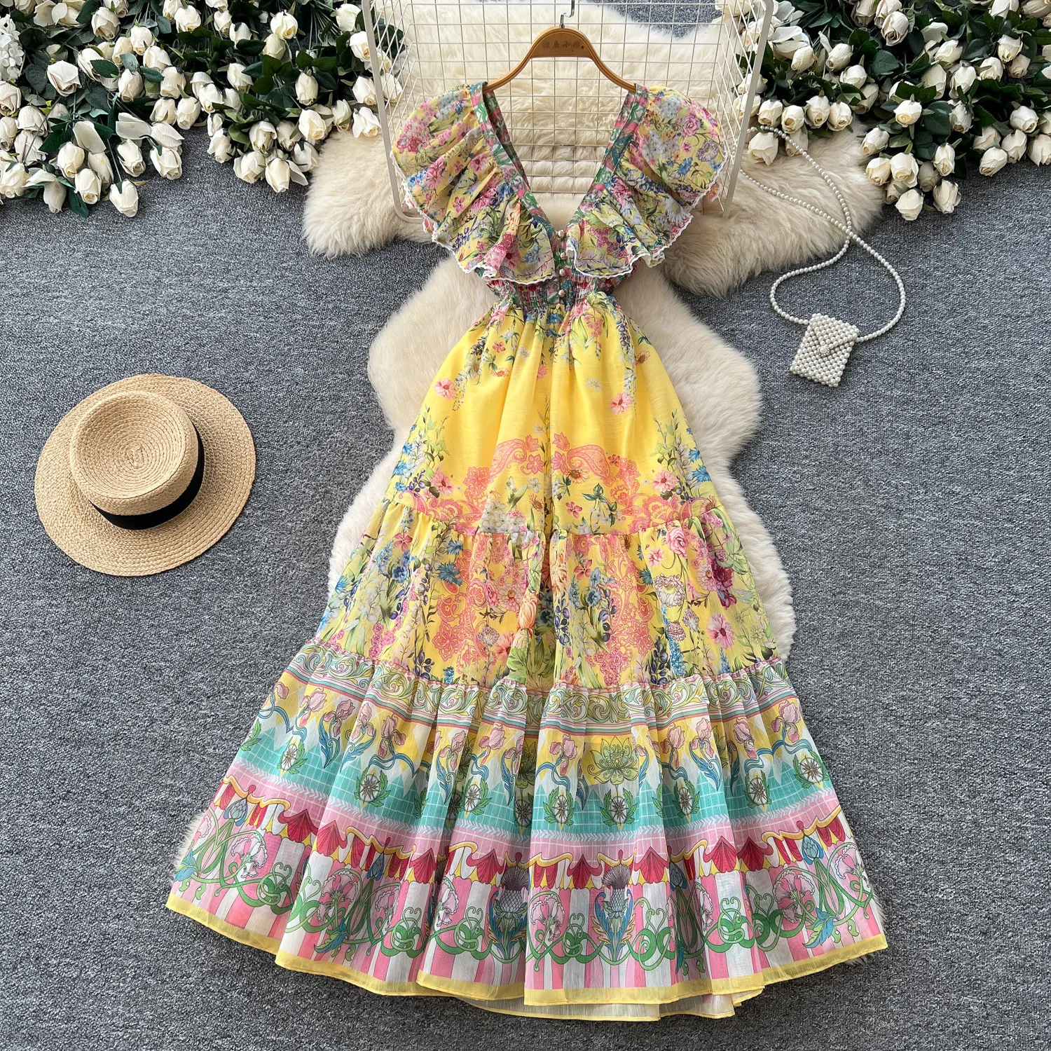 Langes Kleid Damenkleider mit Rüschen A-Linie Vestidos Y2k Streetwear V-Ausschnitt Ärmellos Blumendruck Elegant Party Nacht Arbeit 2026