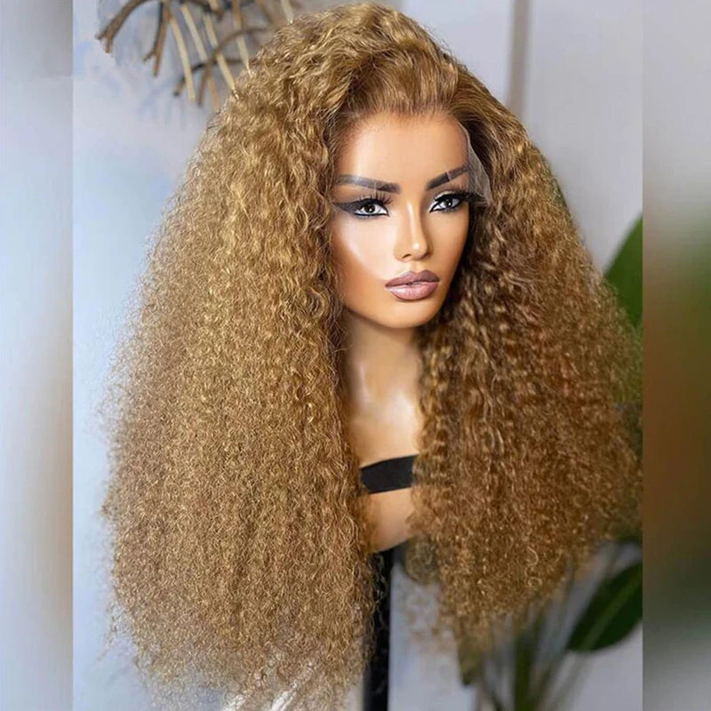 Peruca dianteira encaracolada Kinky para mulheres, loiro longo e macio, cabelo de bebê, resistente ao calor, sem cola, diariamente, densidade de 180%