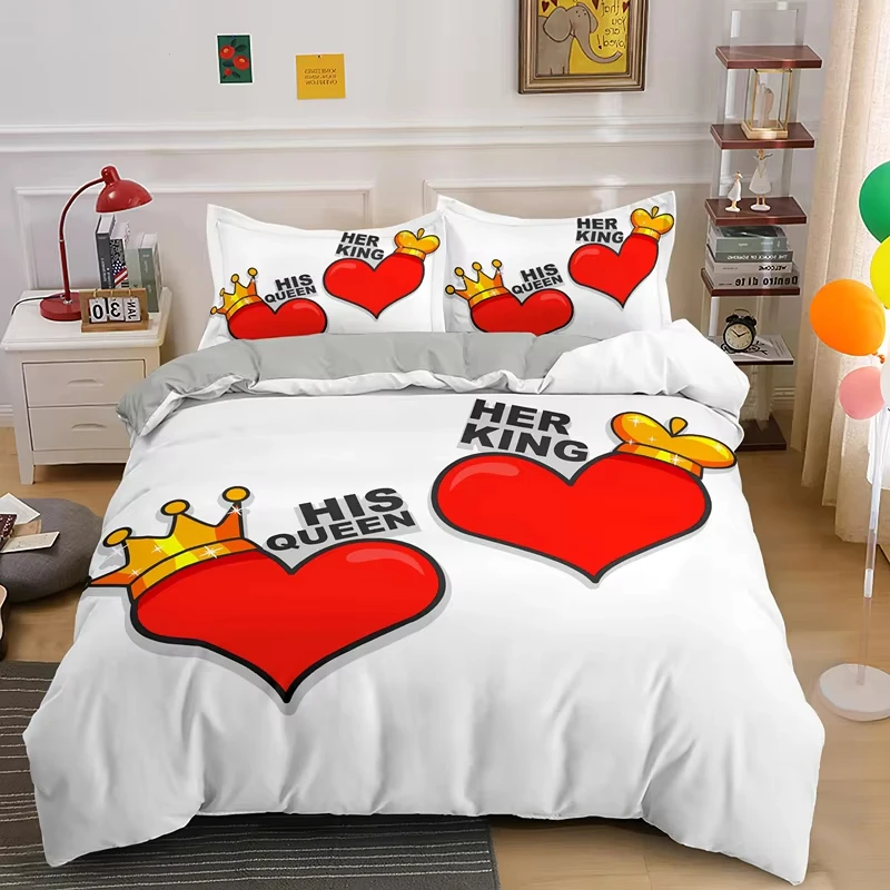 Romantic Love Heart Duvet Cover Full King Size Cute Heart Comforter Cover Cartoon Love Geometric Bedding Set For Valentines Day