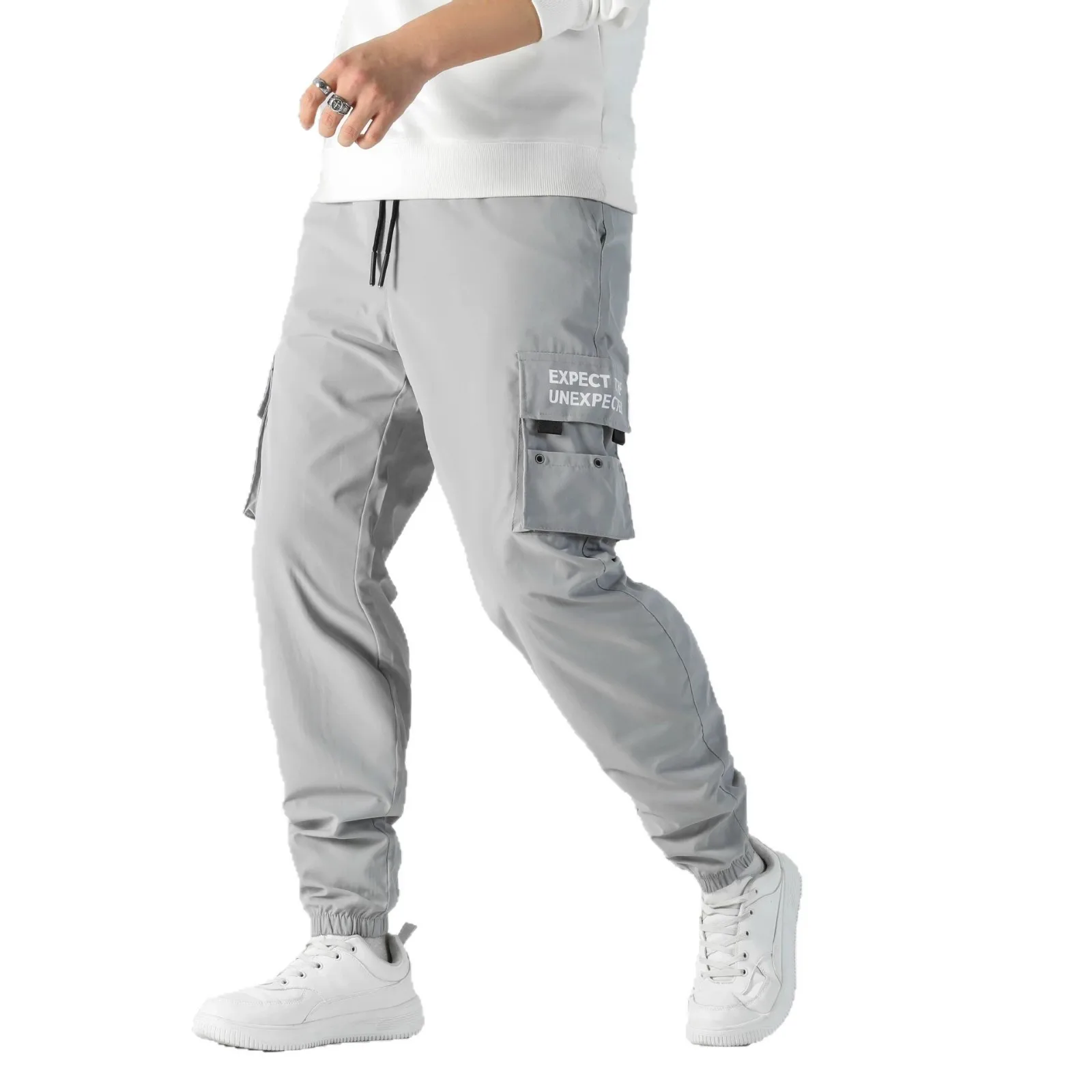 Spring Autumn Men's Lightweight Trousers Workwear Casual Loose Fit High Waist Polyester Fiber Cargo Pants with Multiple Pockets