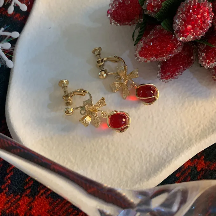 Cat's Eye Earrings Gold Bow Earrings Red Berry Earrings