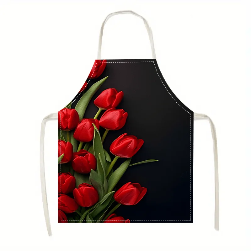 

1pc Red Tulip Flower Black Background Linen Apron Kitchen Cooking Baking Gift For Her