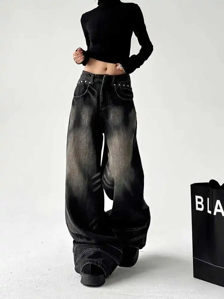 Jean gothique noir Y2k pour femmes, pantalon en Denim Baggy de Style japonais Harajuku des années 2000, Vintage surdimensionné Emo Jean, pantalons longs, vêtements