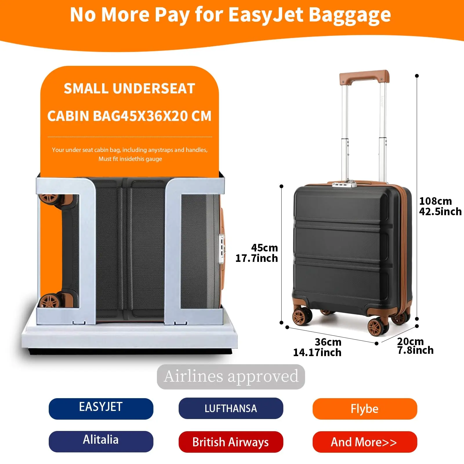 حقيبة أمتعة يدوية من كونو مقاس 45 × 36 × 20 سم، حافظة صلبة خفيفة الوزن مع 4 لفات وقفل TSA Easyjet