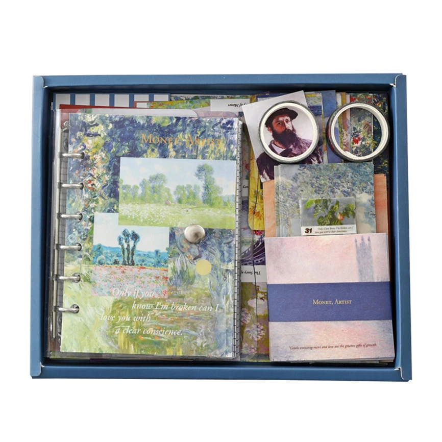 Bloc de notas adhesivas Vintage A6, cintas Washi para cuaderno, juego de papelería para tarjetas, caja de regalo, pintura al óleo de Van Gogh, Bloc