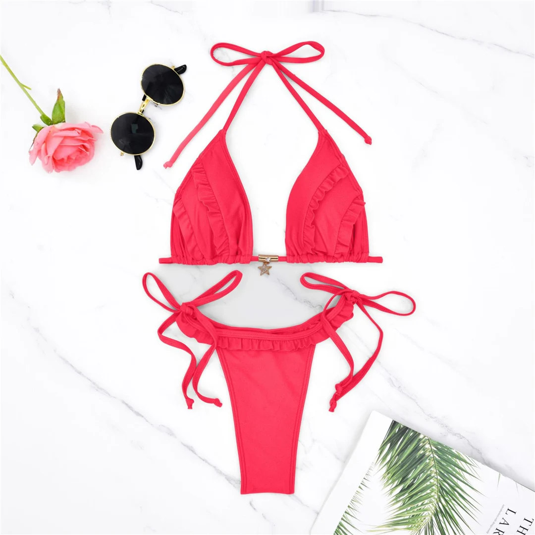 S - XL Neckholder-Bikini mit Rüschen und Raffungen, zweiteiliger Bikini-Set für Damen, Badeanzug, Badebekleidung, Badehose, Modell V6143 – Detail 19