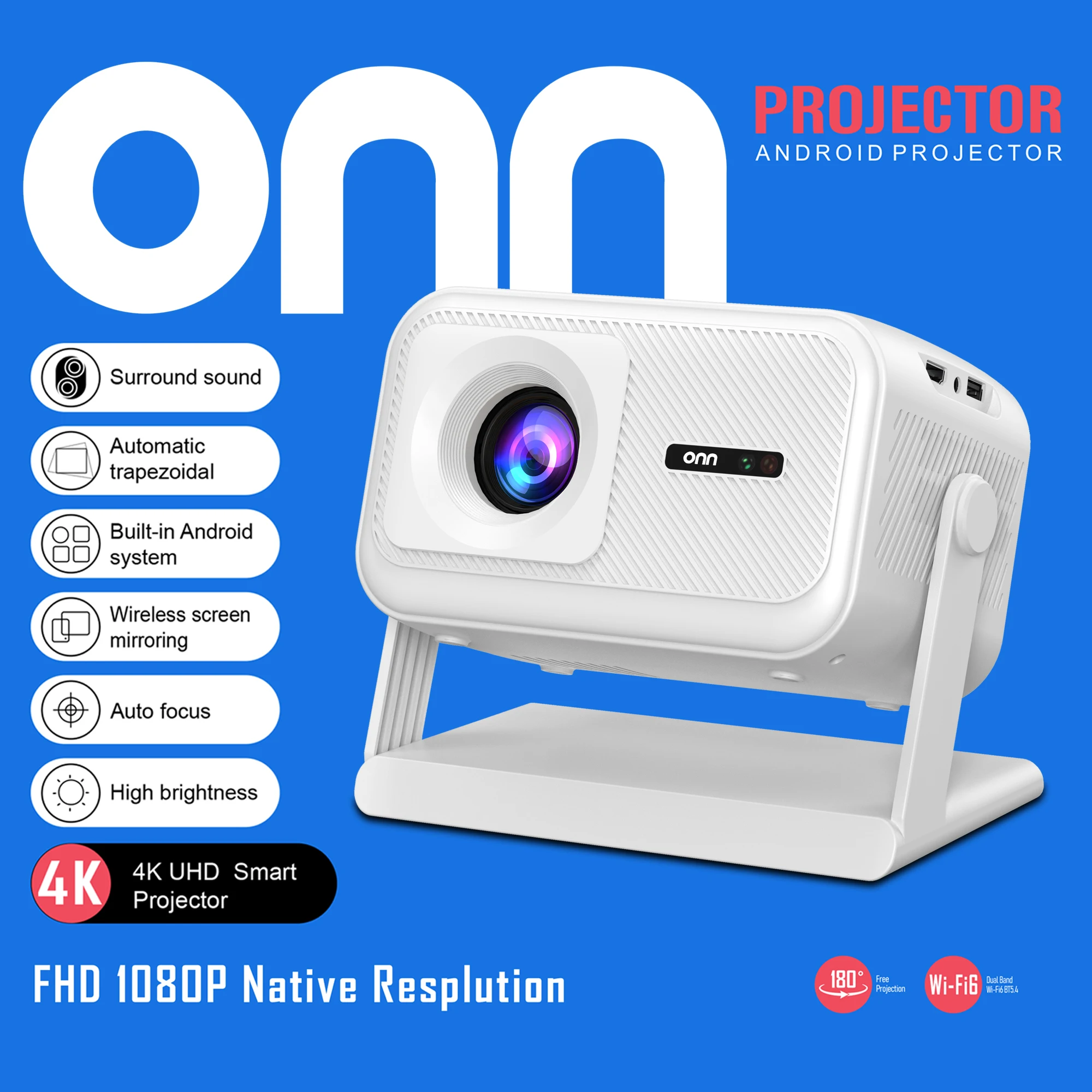 Auto Focus Keystone Correction Projector - Умный проектор ONN 1080P с Android