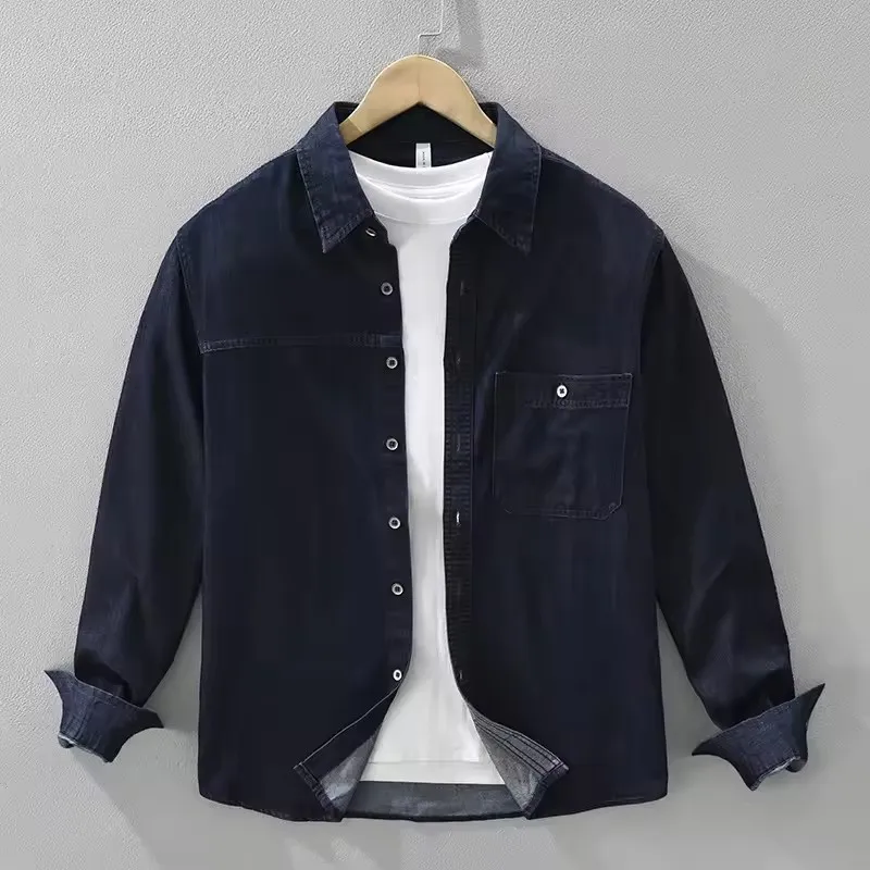 

100% Cotton Vintage Washed Long Sleeve Denim Shirt for Men Clothing Blue Black Versatile Streetwear Mens Shirts 2025