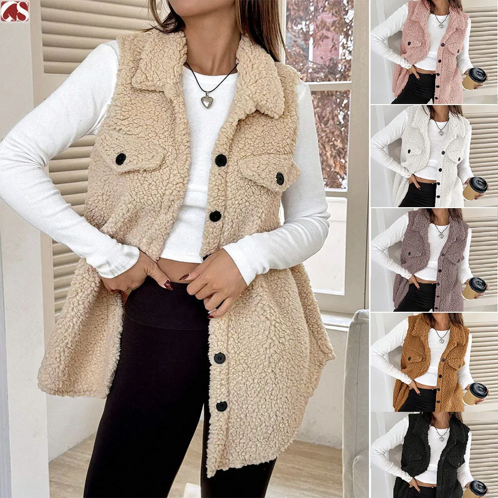 

Women Oversized Knit Vest Flared Lapels Open Buttons Autumn Winter Casual Jacket Coat