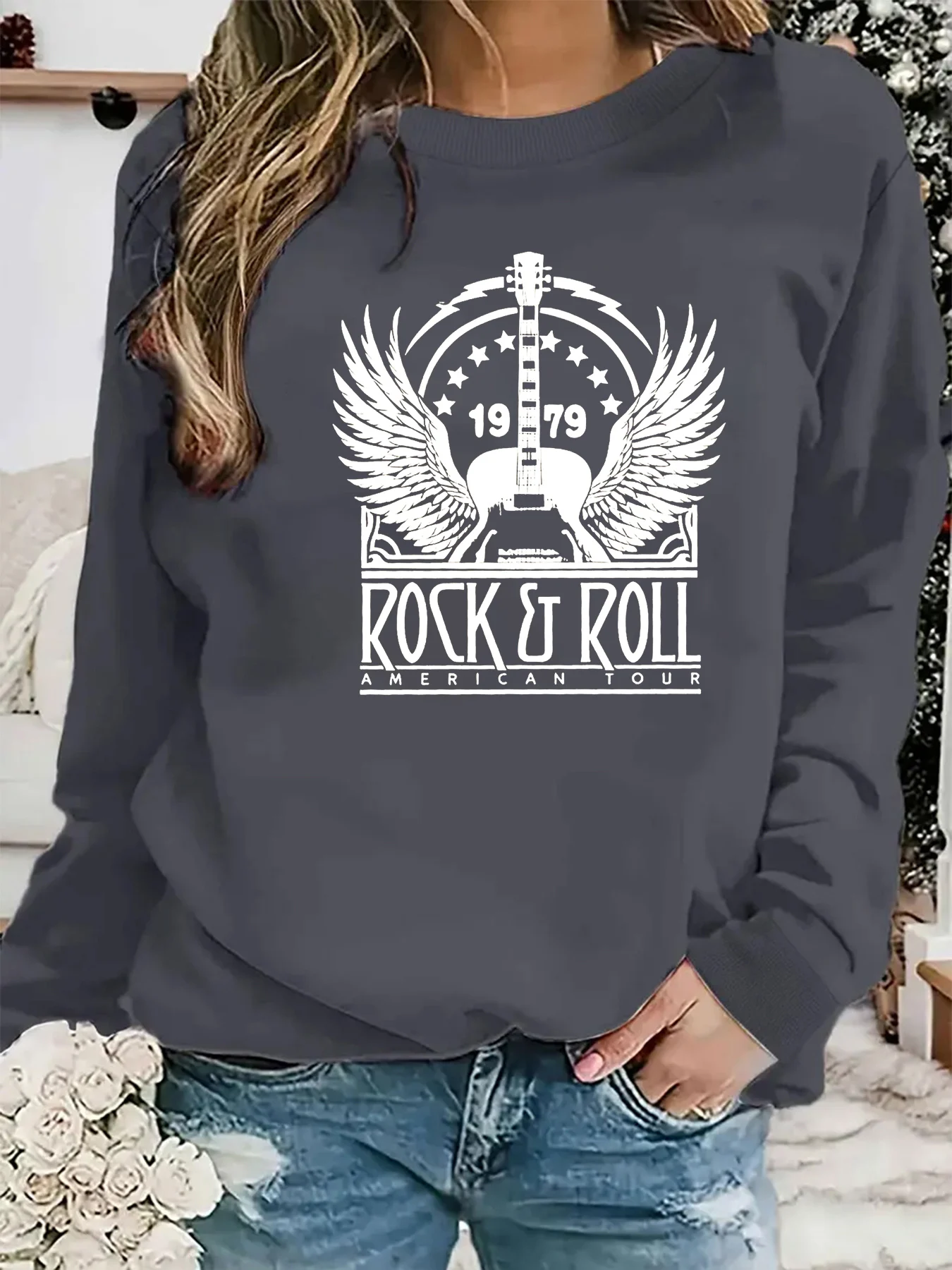 Jersey informal holgado y cómodo con estampado de ROCK ROLL para mujer, jersey de manga larga con cuello redondo, otoño e invierno