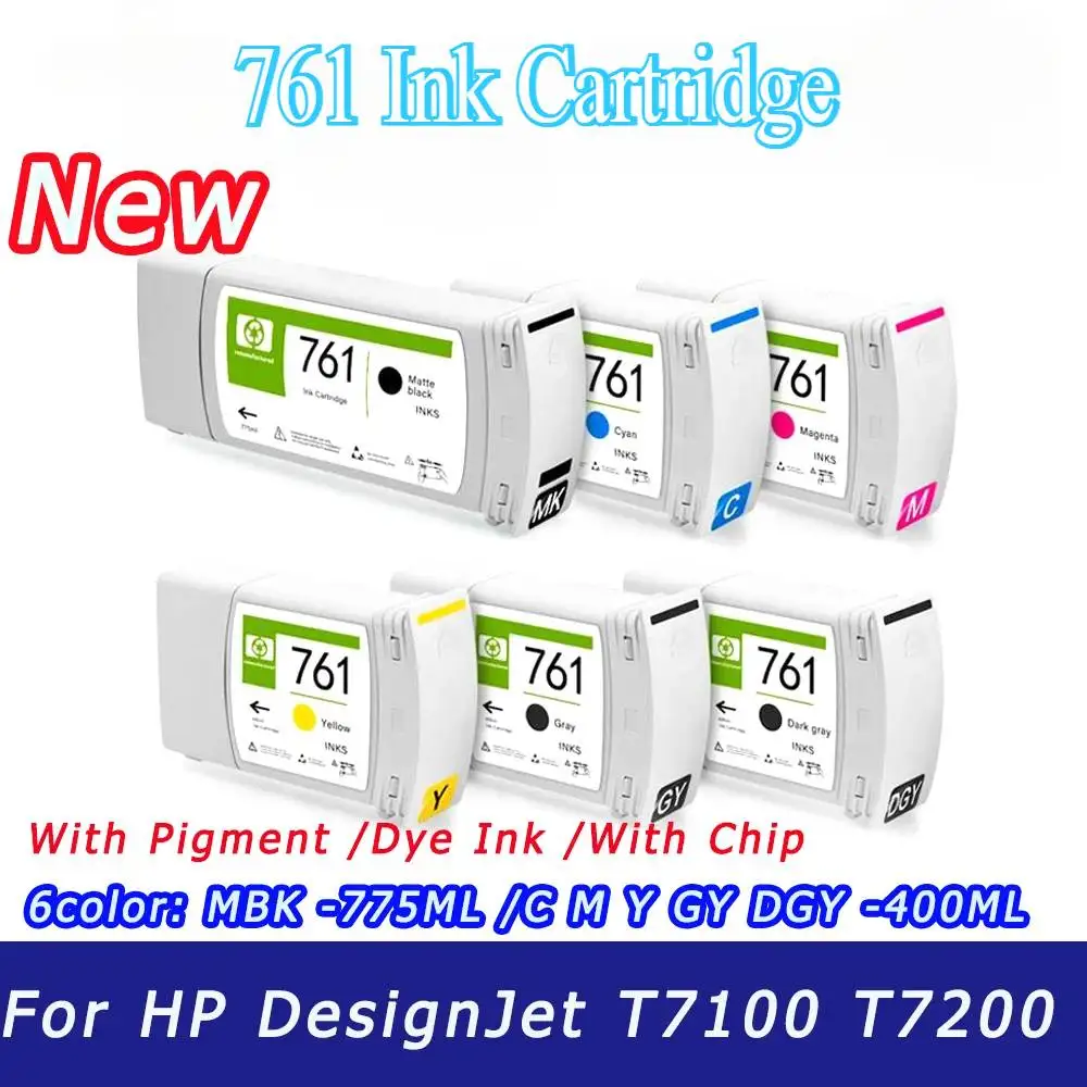 

T7100 T7200 Printer 6Color Ink Cartridge For HP 761 Replacement Ink Cartridge Full With Pigment Ink For HP DesignJet T7100 T7200