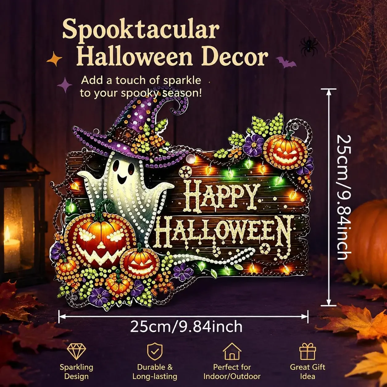 9.8in Shiny Halloween Diamond Art Kits Hanging Suncatcher Set, Witch-Black Cat-Ghost Reading-Pumpkin Designs, Acrylic DIY Rhinestone Ornament, Window Wall Decoration Gift for Kids