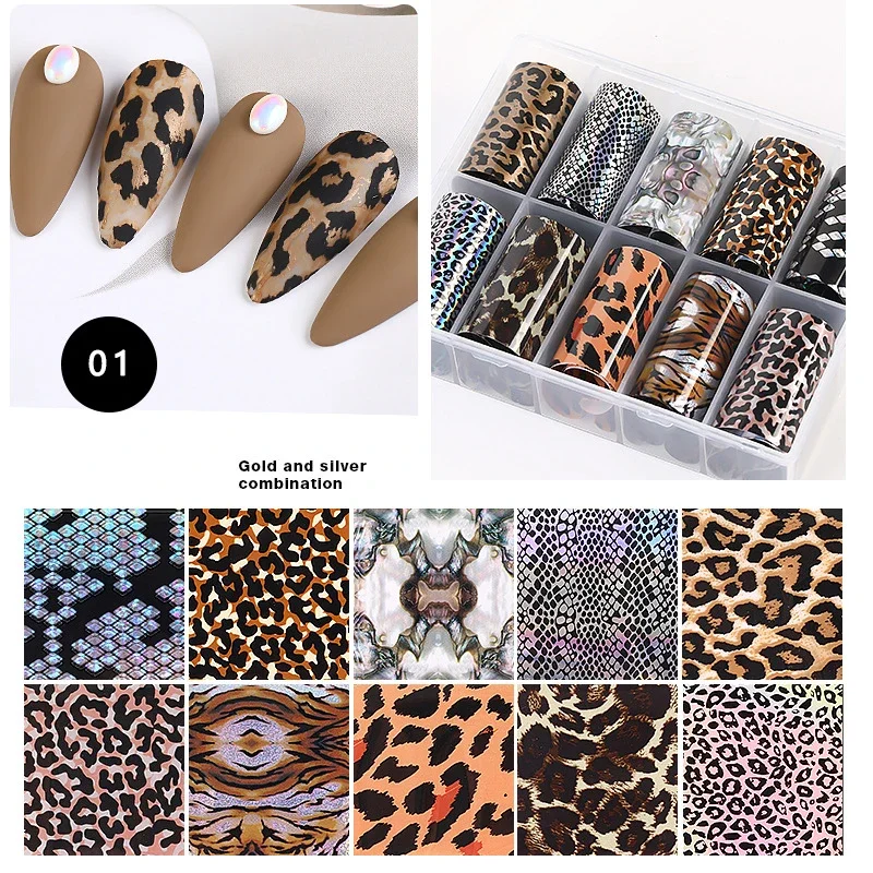 10Pcs Snake Leopard Pattern Nail Foils Animal Print Transfer Sticker Slide Decals Nail Art Accessories