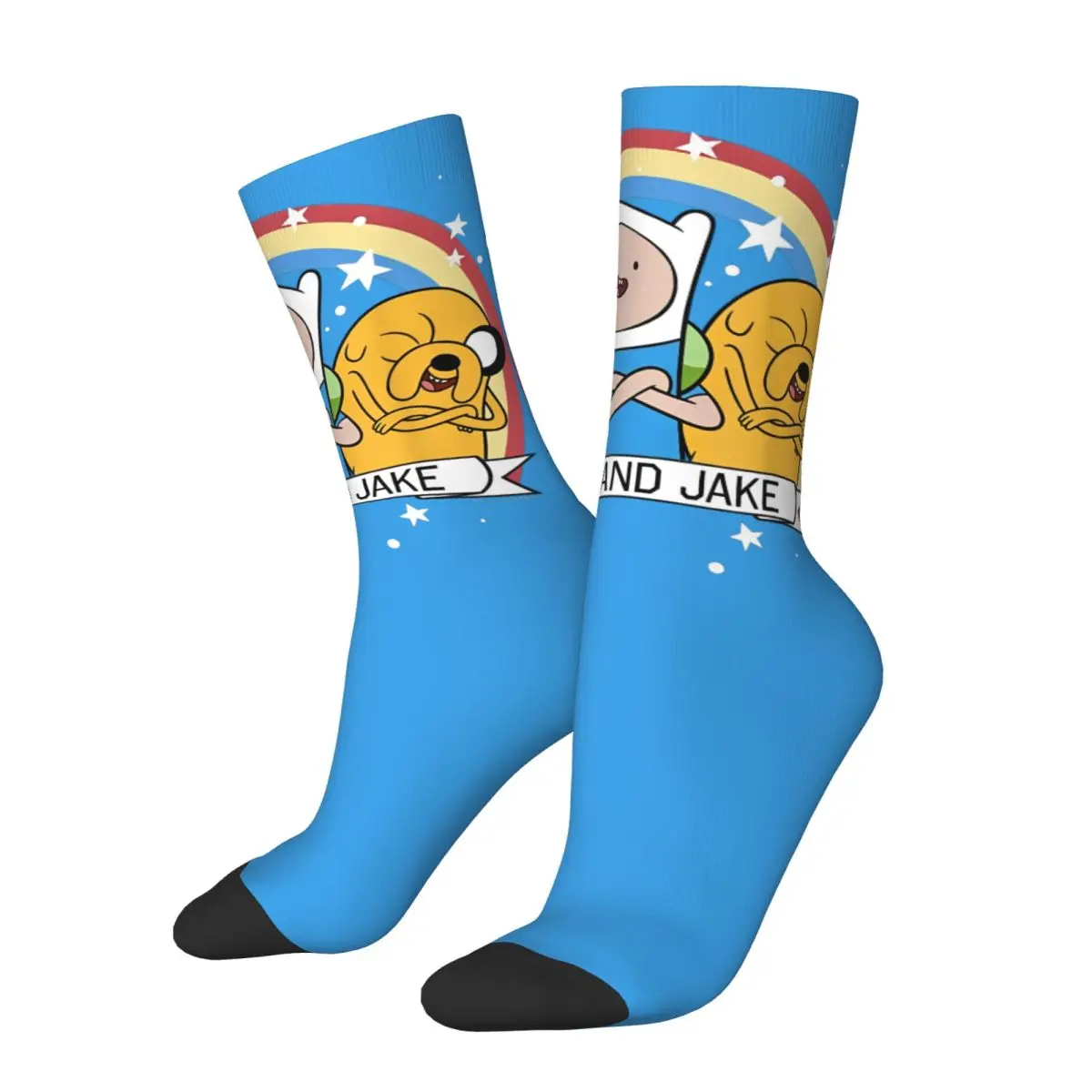 Adventure Time Stockings Men's Finn And Jake Rainbow Stars Portrait Socks Socks Autumn Running Sports Anti Skid Socks Gift Idea