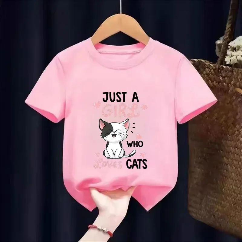 Mädchen-T-Shirt mit süßem Cartoon-Katzen-Print, kurzärmelig, atmungsaktive Baumwolle, perfekt für Freizeitausflüge, Schule und Streetwear tk033