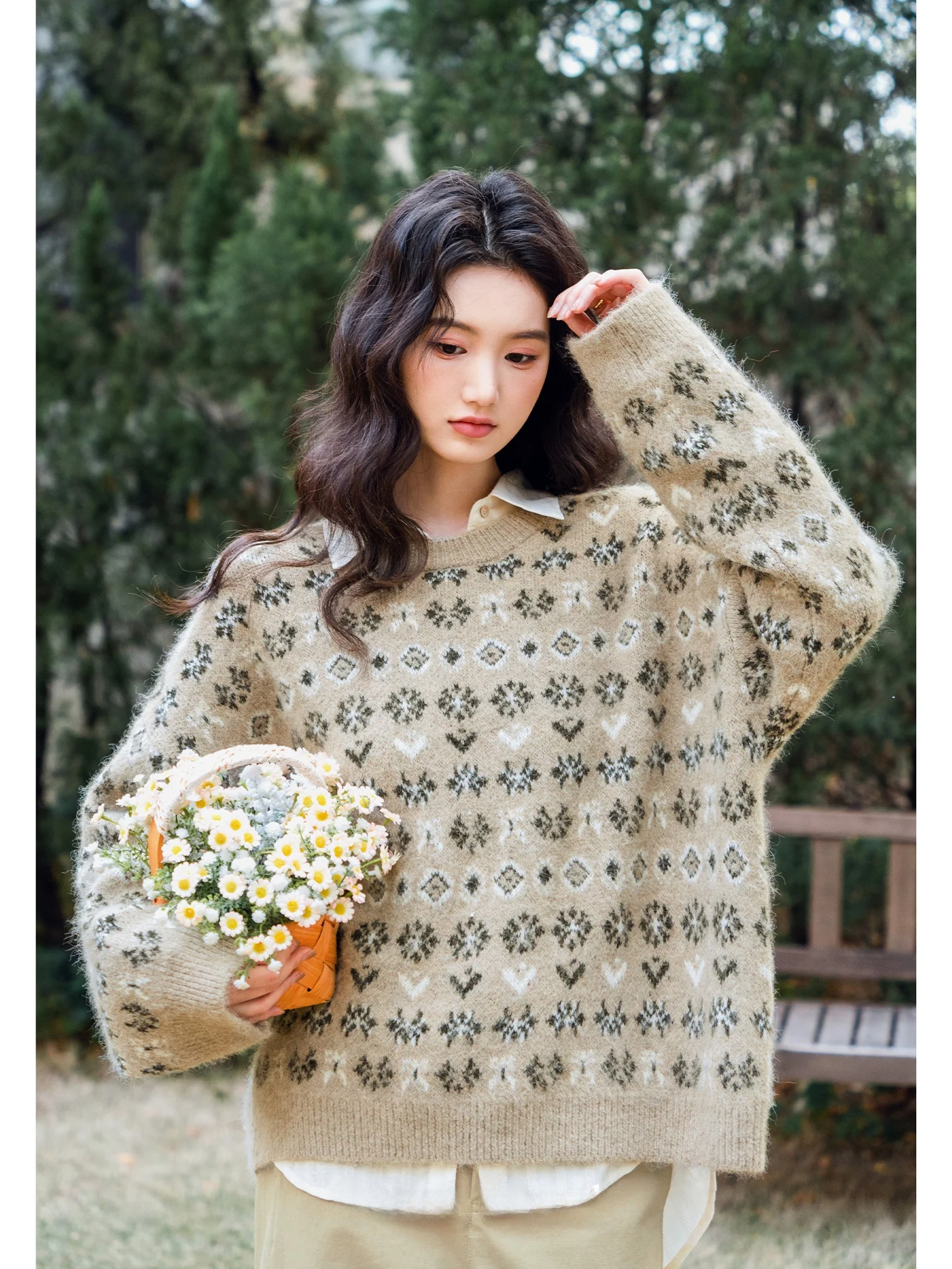 

Unique Lazy Beautiful Woolen Sweater Women Winter Outerwear Inner Match Knitted Top Soft Warm Retro Pattern Artistic Sle