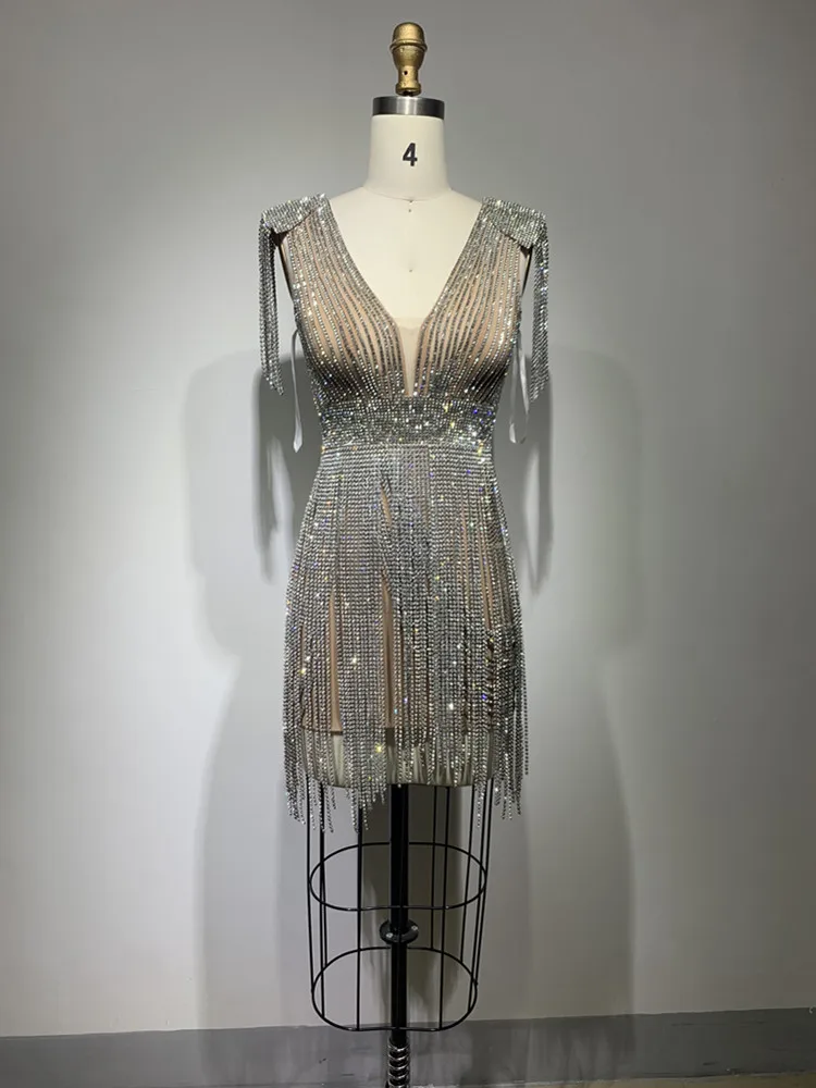 Robe à Franges et Diamants pour Femme, Col en V, Mini Paillettes, Costumes de Scène, de Soirée, de Club, de Luxe