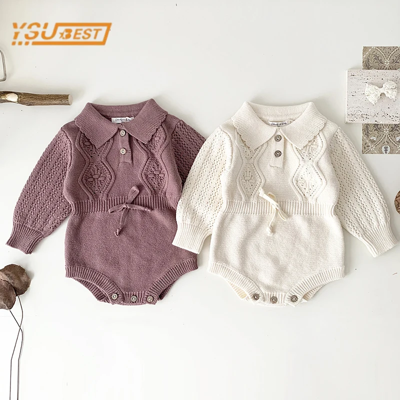 Spring Autumn Infant Kids Baby Girls Long Sleeve Solid Color Hollow Out Knit Jumpsuit Newborn Baby Girls Clothes Rompers