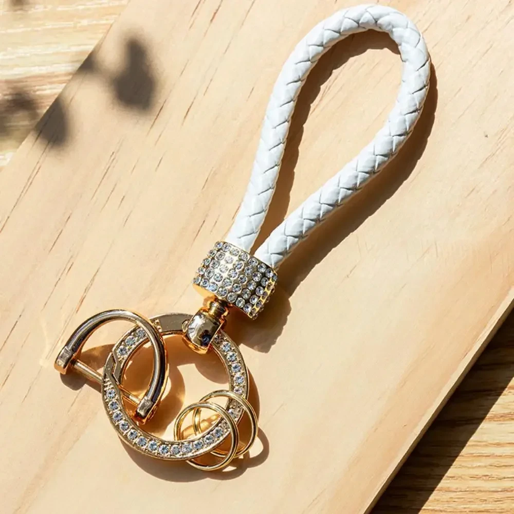 1pc Handcrafted Braided Rope Keychain Sparkling Rhinestones - Stylish Monochrome Car Key Ring Fashion-Forward Accessory
