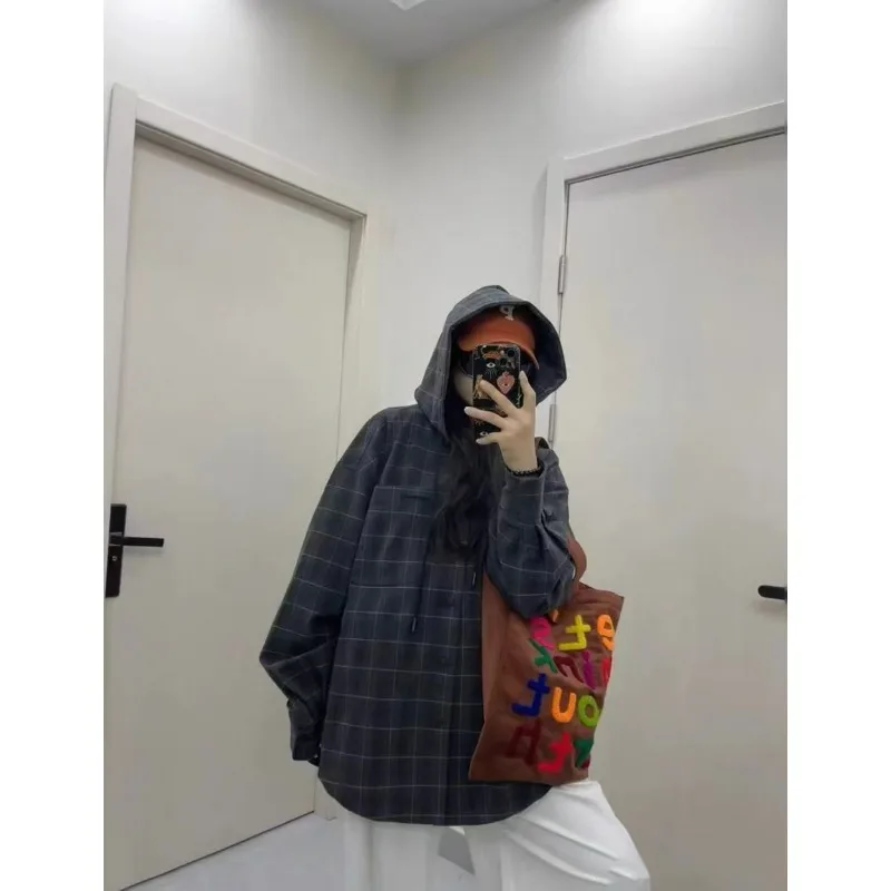 

Men's Plaid Hooded Long Sve irt Loose Fit American Sle Drapey Jaet Spring Casual Outerwear Polyester Non-ironed