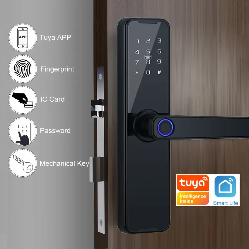 Silver tuya Wifi TTlock euro mortise smart door lock 6085 4585 fingerprint IC card pin codes Alexa google home digital door lock