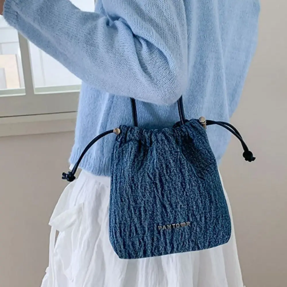 

Y2K Drawstring Denim Canvas Bag Street Style Shopping Bag Vintage Handbag Solid Color Large Capacity Solid Crossbody Bag