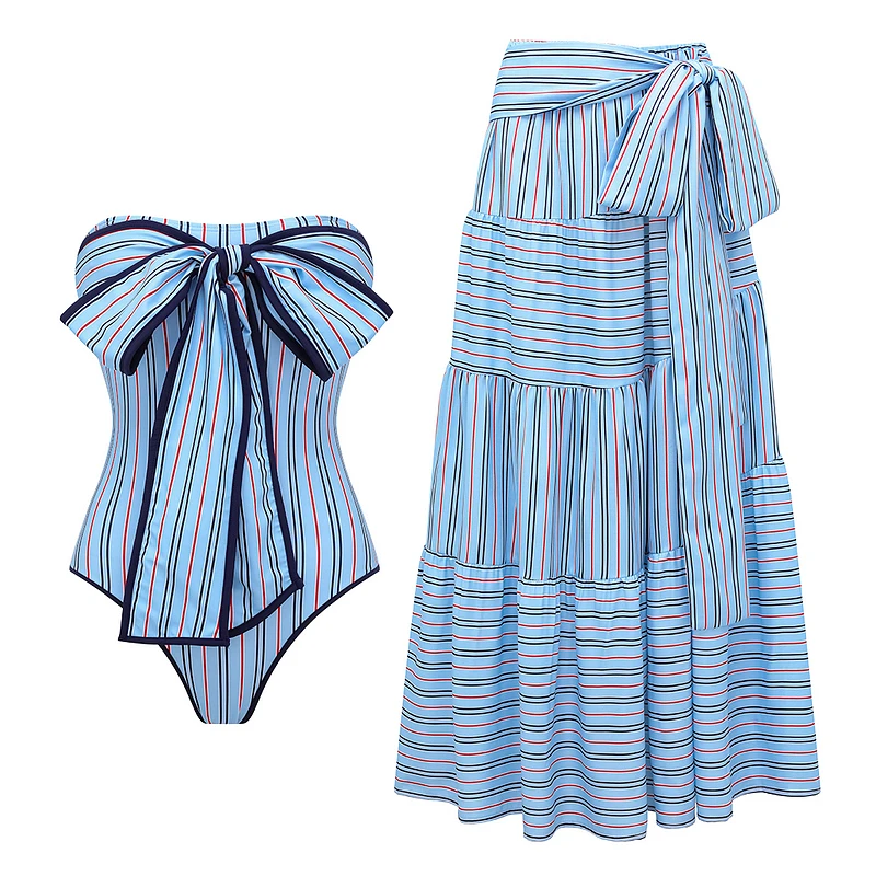 Femmes maillot de bain et jupe été Push Up multi-voies rayé nœud une pièce maillot de bain Flaxmaker Biquini conjunto de bikini tankini