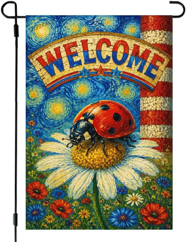 Ladybug Animals Garden Flag 12x18 Inch Linen Double Sided Patriotic Welcome Flag Cute Farm Ladybug in Wildflower Meadow with kkz