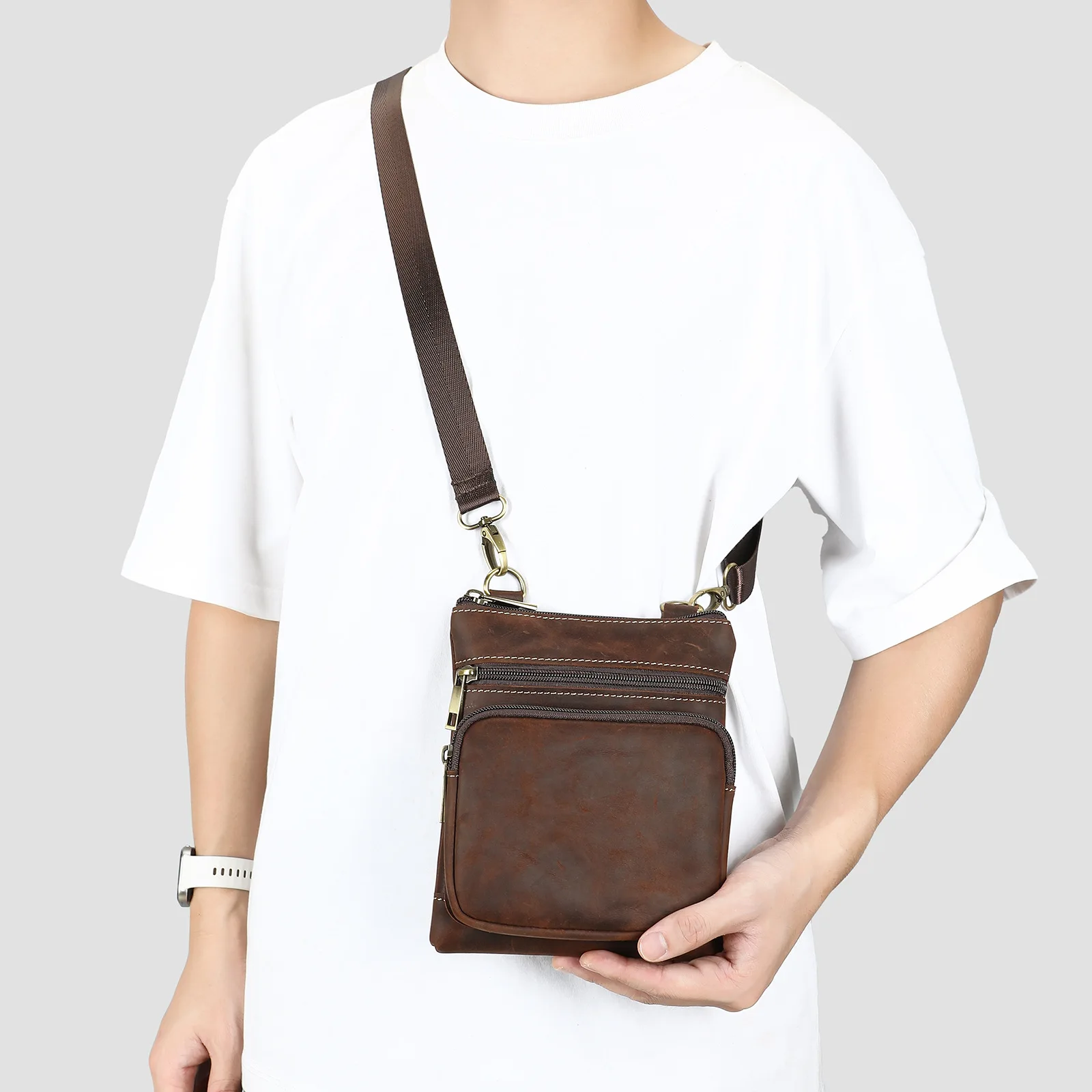 Crazy horse leather men's shoulder bag vertical square mobile phone satchell retro fashion cross-body bag men