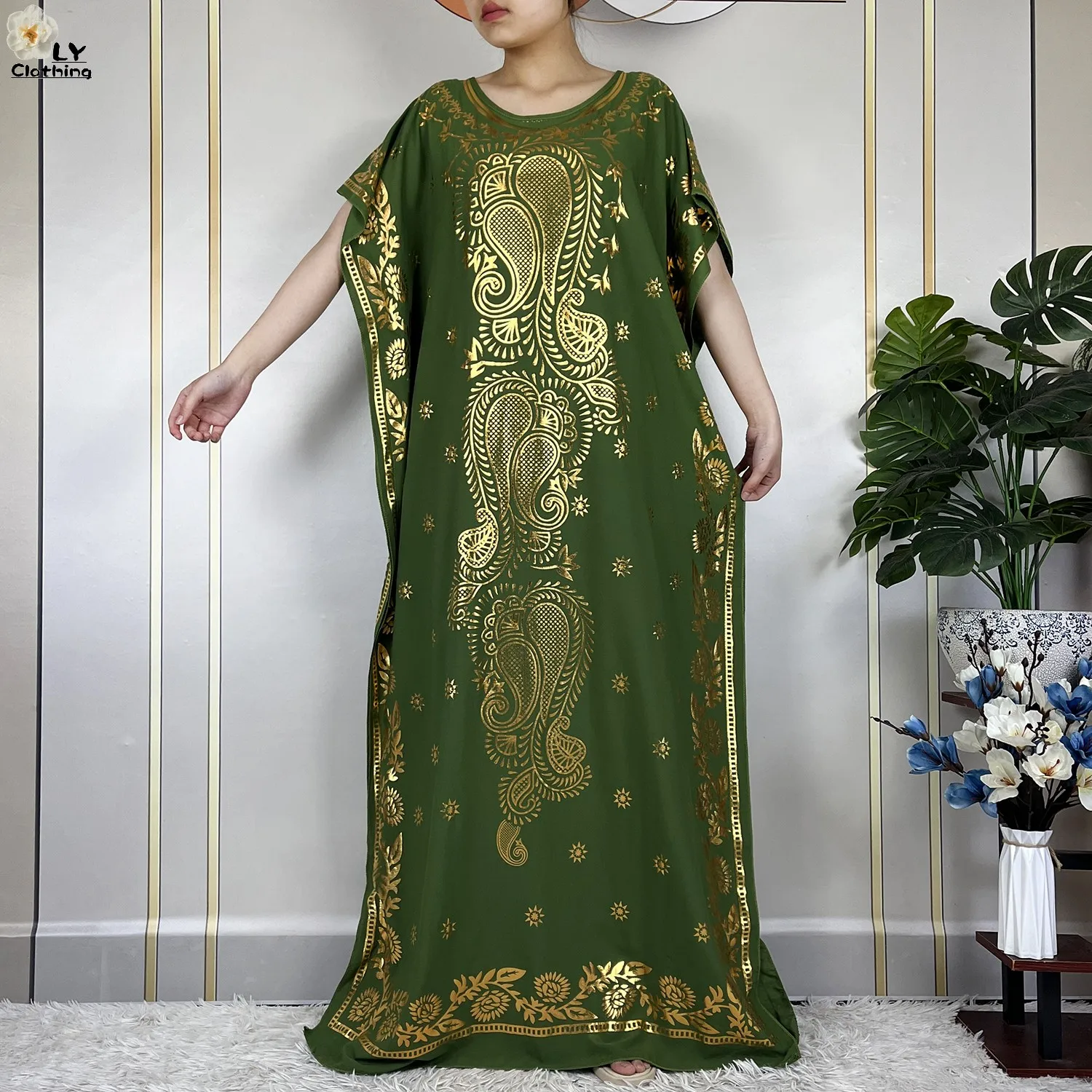 2024 New Summer Woman Short Sleeve Loose Dress Gold Stamping African Abaya Maxi Islam Women Femme Dress With Big Scarf Clothes