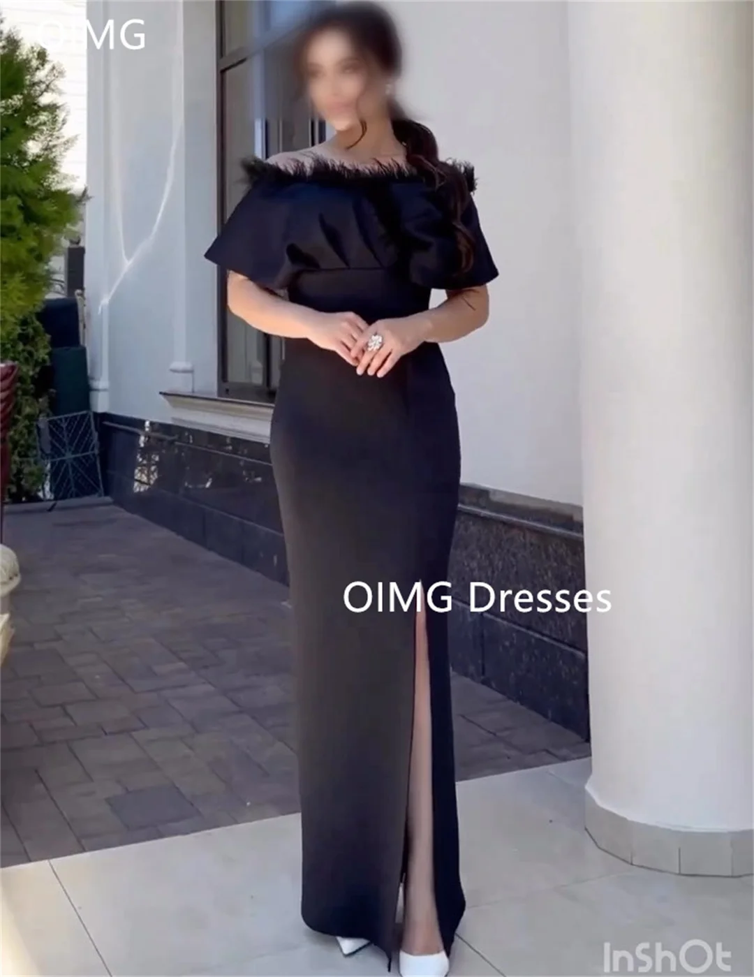 

OIMG Gorgeous Fashion Off the Shoulder Feathers Prom Dresses Black Side Slit Mermaid Vintage Evening Gowns Formal Party Dress